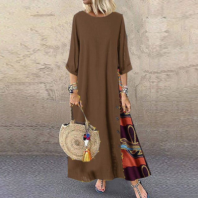 Vestidos largos vintage de lino y algodón para mujer, mangas tres cuartos, estampado empalmado, holgados, línea A, moda informal, maxivestido para mujer