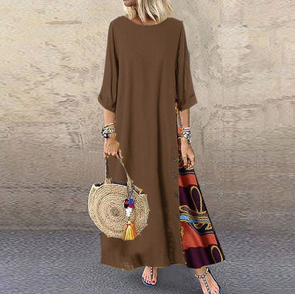 Vestidos largos vintage de lino y algodón para mujer, mangas tres cuartos, estampado empalmado, holgados, línea A, moda informal, maxivestido para mujer