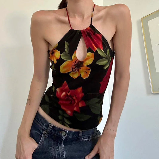 Vintage Floral Print Backless Cami Top Cut Out Front Women Sexy Halter Tank Tops Y2K Fashion Slim Vest Summer Outfits