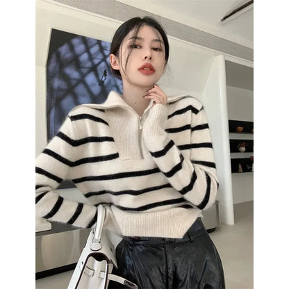Women’s Striped Sweater Zip Thick Fall Loose Turtleneck Knit Jumper Turn-down Collar Casual Oversize Fashion Women Sweaters