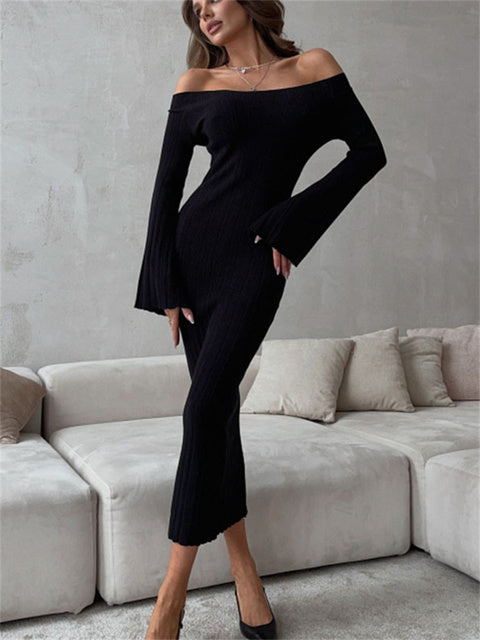 Vestido largo de punto acanalado con hombros descubiertos para mujer, elegante, ajustado, de manga larga, cintura alta, sin espalda, vestido maxi holgado de punto
