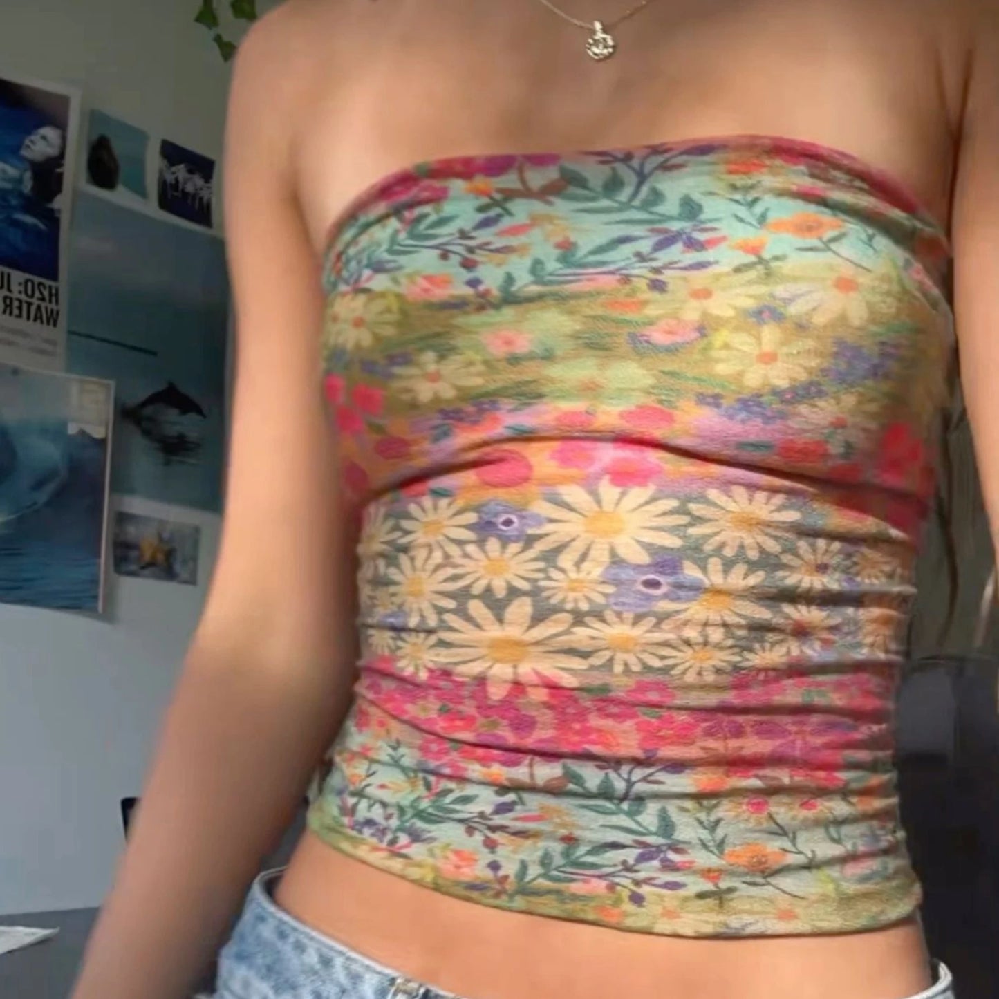 Chaleco bandeau bohemio de verano, bonitos conjuntos de senderismo, estilo preppy, para chica fitness, tops de tubo sin tirantes, tops cortos con hombros descubiertos y estampado gráfico