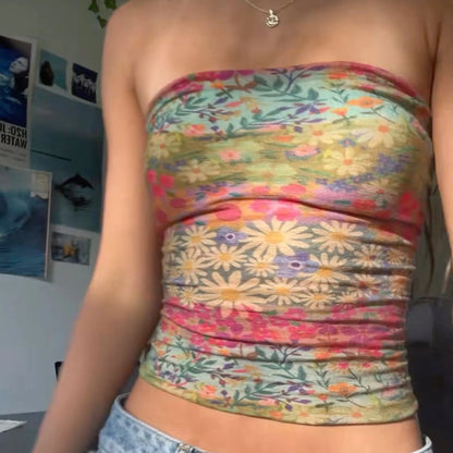 Chaleco bandeau bohemio de verano, bonitos conjuntos de senderismo, estilo preppy, para chica fitness, tops de tubo sin tirantes, tops cortos con hombros descubiertos y estampado gráfico
