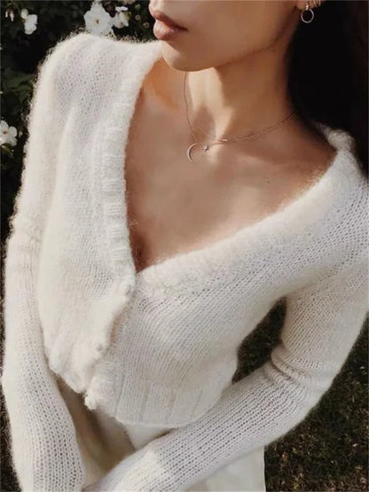 Suéter de punto con cuello en V para mujer, cárdigan corto de manga larga, ropa de calle sexy, abrigo de punto corto, abrigo de patchwork para mujer