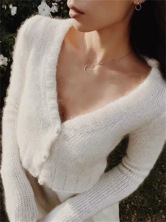 Suéter de punto con cuello en V para mujer, cárdigan corto de manga larga, ropa de calle sexy, abrigo de punto corto, abrigo de patchwork para mujer