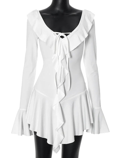White Deep V Neck Ruffled Dress For Women Long Flare Sleeve Autumn Fashion Beach Party Short Dresses Female Sexy Slim