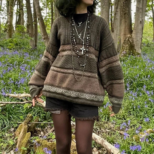 Suéteres holgados vintage con estampado de rayas gráficas, suéteres de punto estilo grunge Fairycore Y2K, prendas de punto retro estéticas de manga larga para otoño