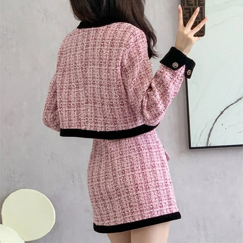Conjunto de dos piezas de tweed para otoño e invierno, chaqueta corta y minifalda para mujer, elegantes conjuntos de moda coreana para mujer.