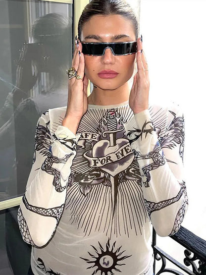 Camisetas estampadas de manga larga y cuello redondo de moda de verano para mujer, ropa sexy con estampado de patchwork, top informal ligeramente translúcido Y2k
