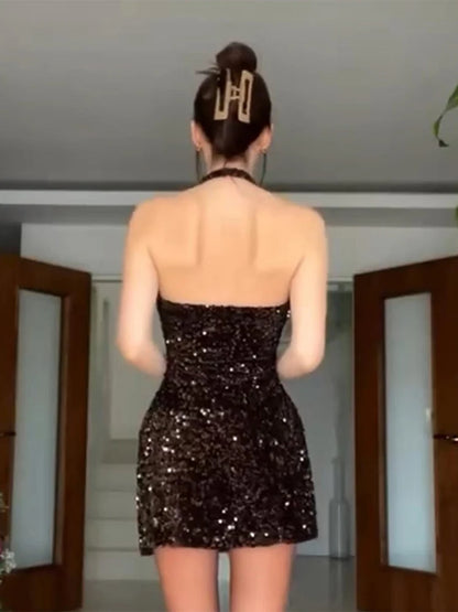 2025 Sequined Halter Backless Mini Dress Women Sexy Off Shoulder A-line Party Evening Dresses Summer Lady Slim Glitter Vestidos