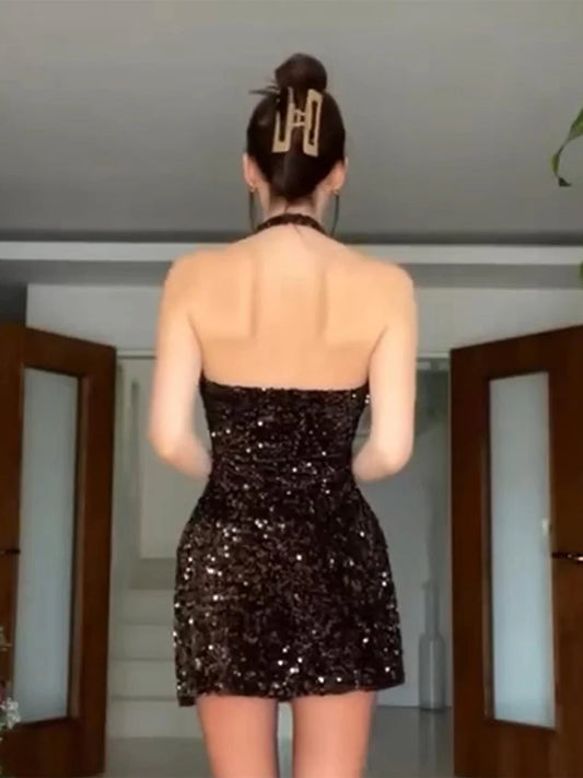 2025 Sequined Halter Backless Mini Dress Women Sexy Off Shoulder A-line Party Evening Dresses Summer Lady Slim Glitter Vestidos