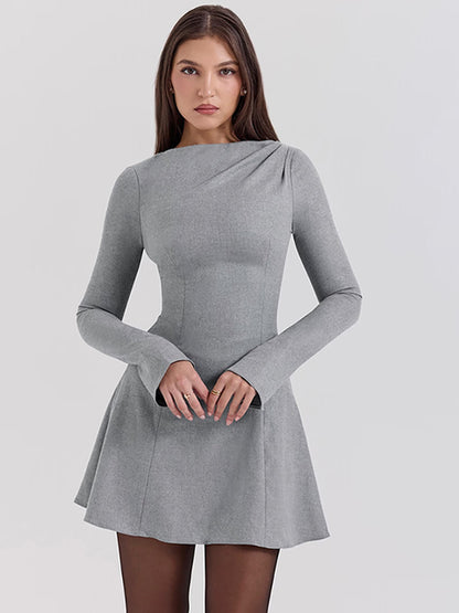 JULISSA MO - Vestido elegante de cuello redondo para mujer, negro, manga larga, cintura alta, minivestido femenino de otoño, corte en A, ajustado, para fiesta y club, 2025