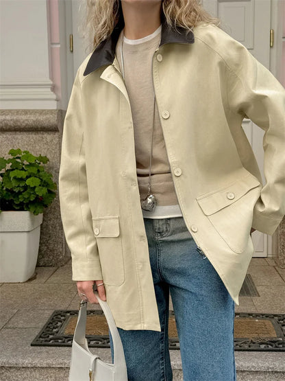 Fashion Pocket Trench Outwear For Women Patchwork Autumn Cardigan Vintage Lapel Loose High Waist Coat Women’s Overcoat New