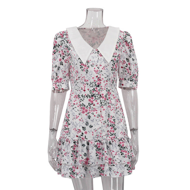 Vestido mini floral de manga corta para mujer, elegante vestido francés con cuello vuelto, vestidos de cintura alta a la moda para mujer