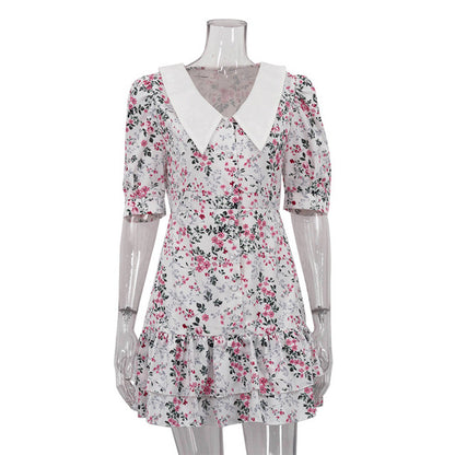 Vestido mini floral de manga corta para mujer, elegante vestido francés con cuello vuelto, vestidos de cintura alta a la moda para mujer