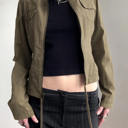 Chaqueta militar de cuello alto con patchwork para mujer, estilo vintage Y2K, con bolsillos y cremallera, estilo grunge, ropa de calle.