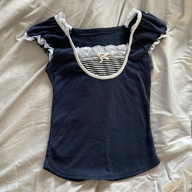 Kawaii Bow Lace Trim T-shirt Vintage Striped Patchwork Slim Fit Crop Top Y2K Aesthetic Fairy Grunge Retro Pullover Tees Women
