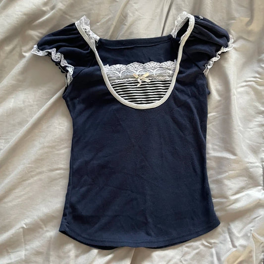 Kawaii Bow Lace Trim T-shirt Vintage Striped Patchwork Slim Fit Crop Top Y2K Aesthetic Fairy Grunge Retro Pullover Tees Women