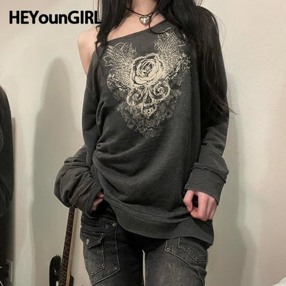 Suéteres con cuello inclinado y estampado gráfico para mujer, conjuntos urbanos Y2K, sudadera de moda Harajuku, top retro de estilo grunge