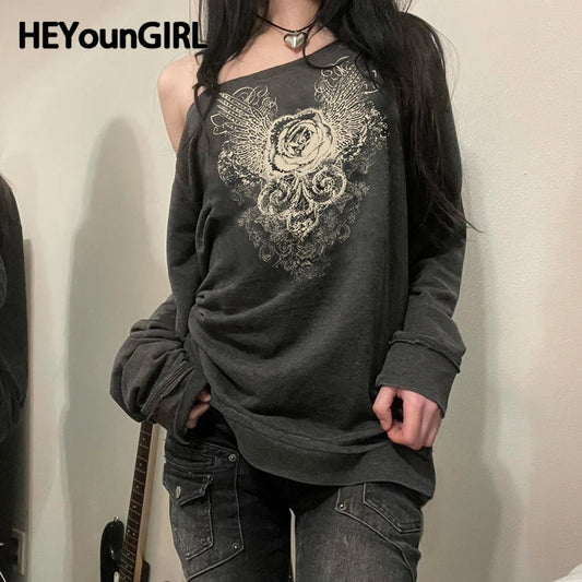 Suéteres con cuello inclinado y estampado gráfico para mujer, conjuntos urbanos Y2K, sudadera de moda Harajuku, top retro de estilo grunge