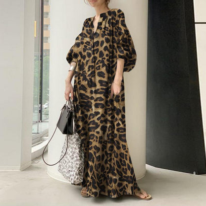 Vestidos largos con estampado de leopardo para mujer, moda de temperamento, cuello en V, mangas abullonadas, vestido suelto, estilo bohemio moderno, vestidos de primavera, nuevo
