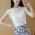 Blusa de encaje calado de verano, elegante, para mujer, de crochet, de manga corta, DF1591