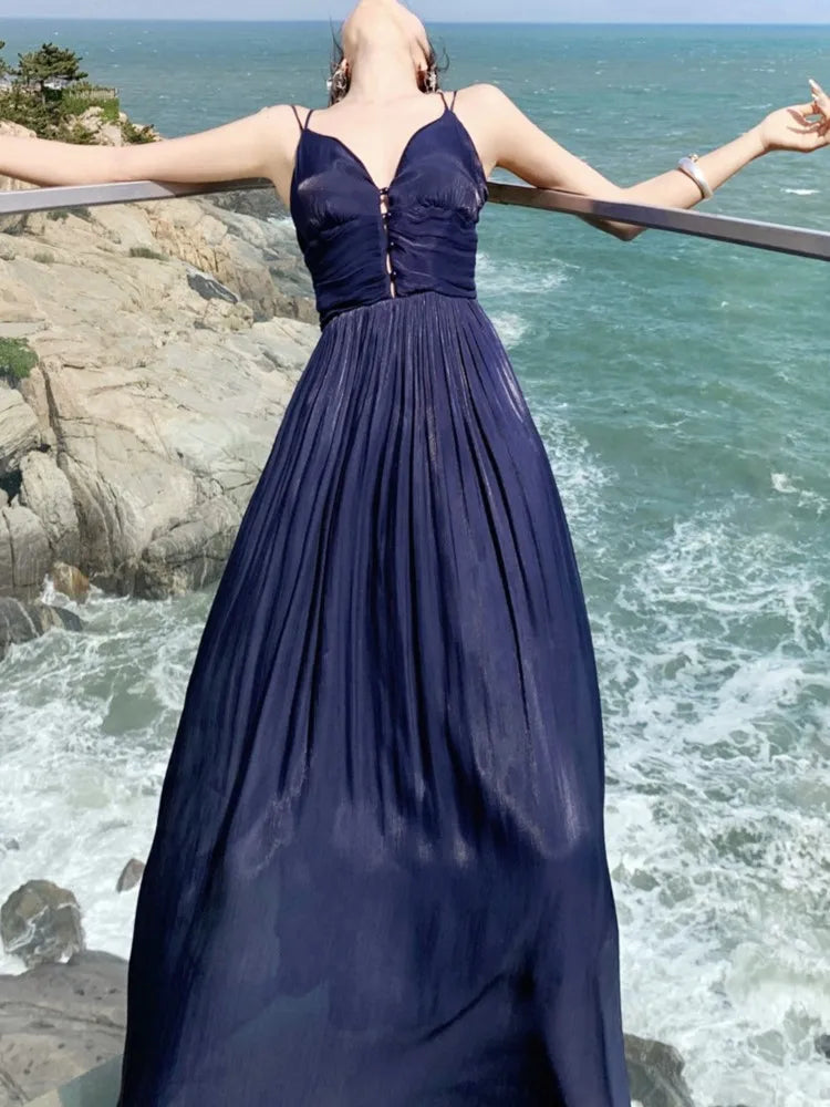 Summer New Spaghetti Strap Long Dresses for Women V-neck A-line Evening Party Dress Backless Prom Robe One Piece Vestido Mujer