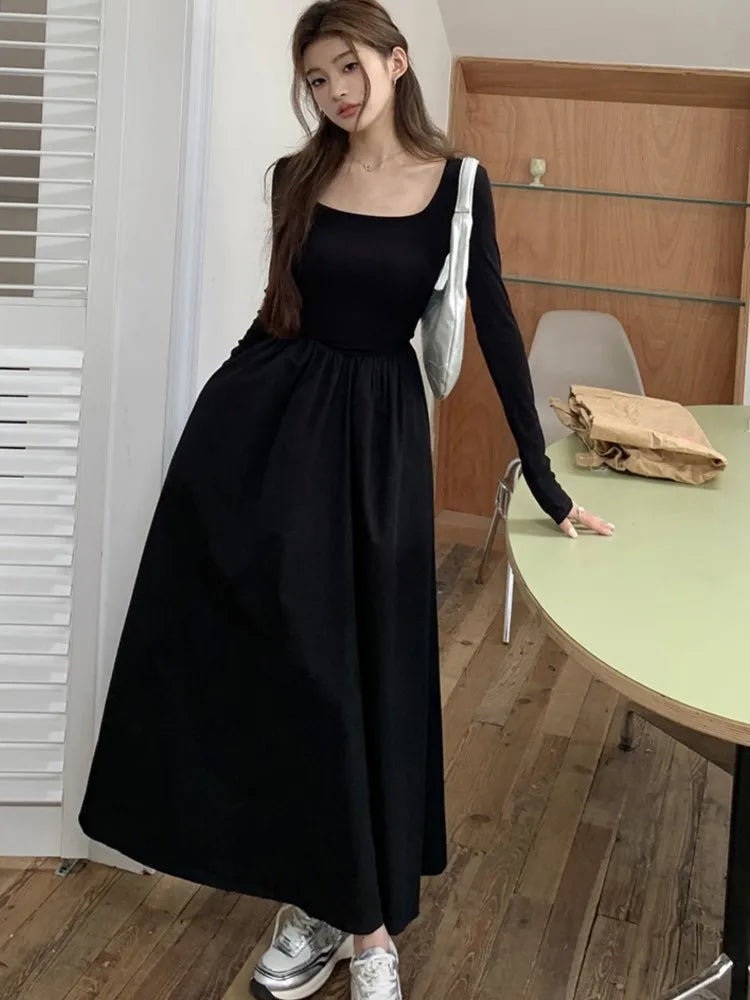Vestidos midi informales de punto para mujer, lisos, de manga larga, cuello cuadrado, corte A, otoño, elegantes, ajustados