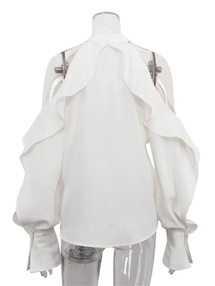 Blusa informal blanca con volantes para mujer, estilo patchwork, con hombros descubiertos, elegante, lisa, de cintura alta, estilo urbano, de verano