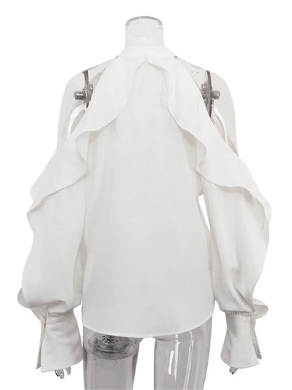 Blusa informal blanca con volantes para mujer, estilo patchwork, con hombros descubiertos, elegante, lisa, de cintura alta, estilo urbano, de verano