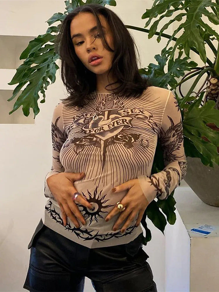 Camisetas estampadas de manga larga y cuello redondo de moda de verano para mujer, ropa sexy con estampado de patchwork, top informal ligeramente translúcido Y2k
