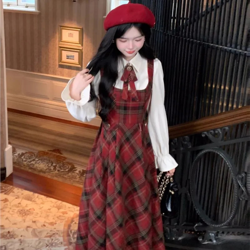 French Vintage Two-piece Dress Set Women Flare Sleeve Shirt Red Plaid Strap Dress A-line Autumn Winter New Christmas Party Dress