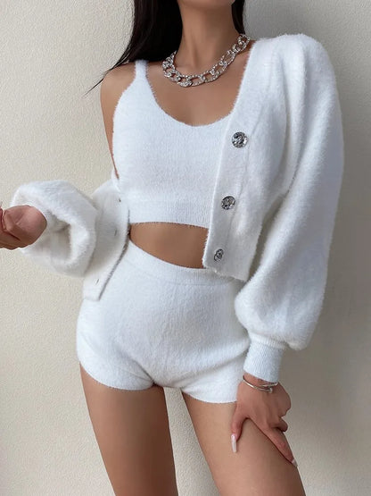 Women’s 3-piece Set Korea Style White Cardigan Furry Single-breasted Button Tank Top Knitted Sweater Jumper Shorts Pants Set