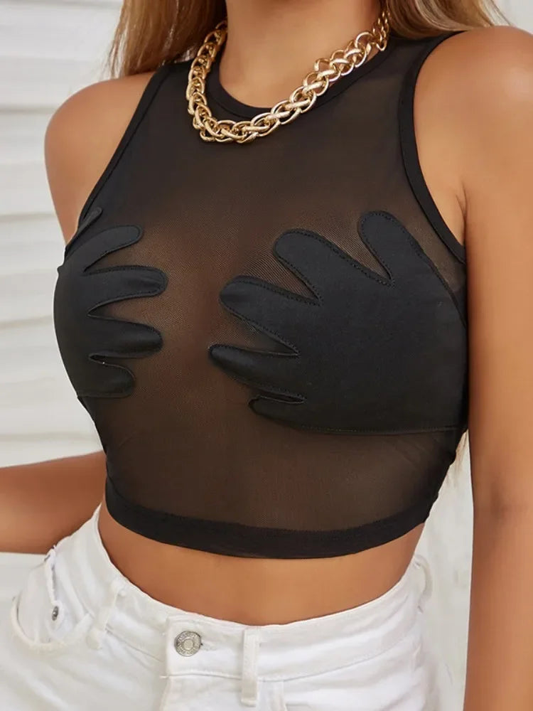Top Y2k sin mangas con cuello redondo a la moda, top sexy de hilo de red ligeramente transparente para mujer, top corto con bordado de alta elasticidad