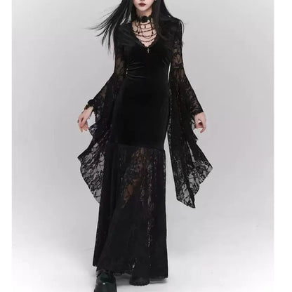 Gothic Black Midi Dresses Women V-neck Irregular Flrae Sleeve Y2k Vintage Lace Bandage Dark Style Harajuku Fashion Clothing New