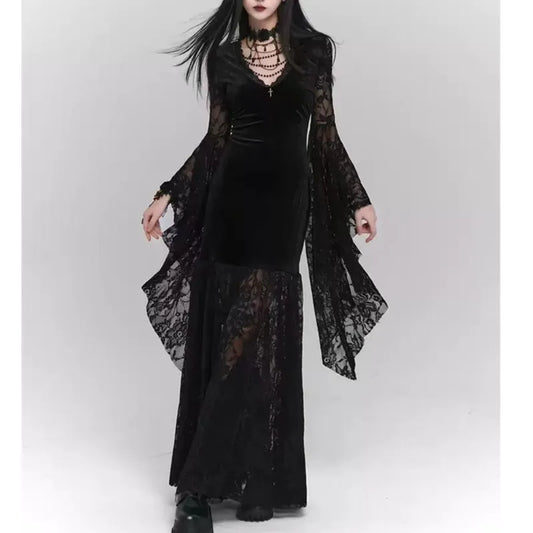 Gothic Black Midi Dresses Women V-neck Irregular Flrae Sleeve Y2k Vintage Lace Bandage Dark Style Harajuku Fashion Clothing New