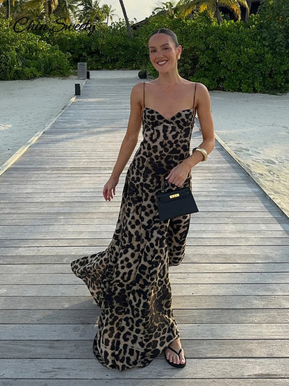 Vestidos largos con tirantes y estampado de leopardo Y2K para mujer, vestido de fiesta ajustado sin mangas con espalda descubierta, estilo vintage de verano 2025 para mujer _Nuevo