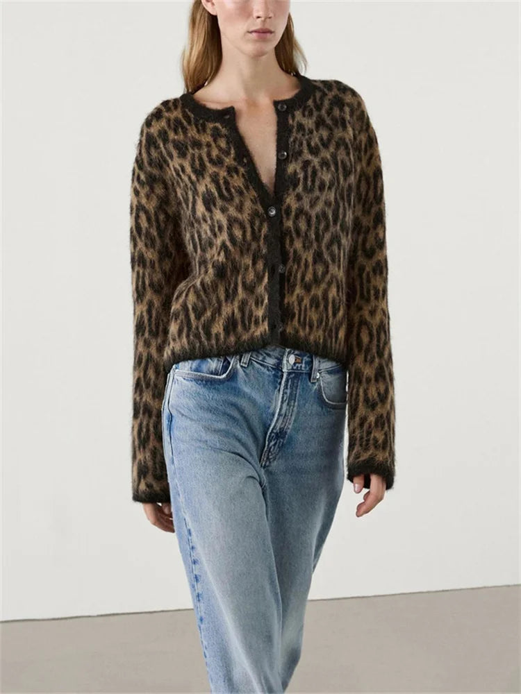 Suéter tipo cárdigan de leopardo para mujer, con estampado de moda en contraste, holgado, de manga larga, para ir al trabajo, cárdigan de otoño para mujer