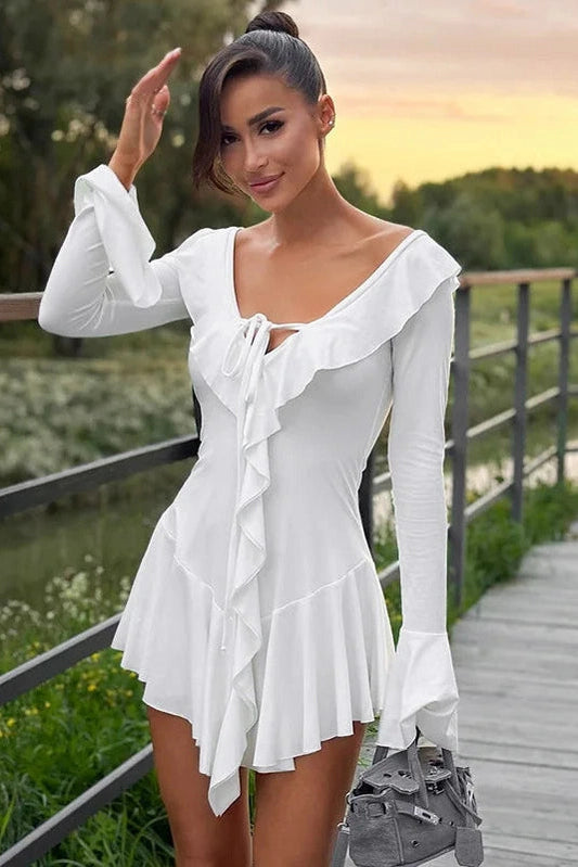 Deep V-Neck Bodycon Dress with Flared Sleeves