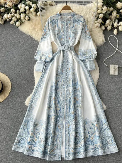 Nuevo vestido de fiesta vintage para mujer, moda de manga larga, botonadura sencilla, cuello alto, elegante, estampado, vestidos largos, primavera y otoño.
