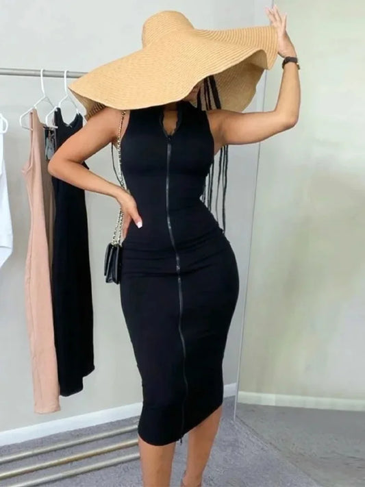 Vestido de noche sexy para mujer, ropa de club sexy, de una pieza, estética, sin mangas, ajustado, con cremallera, ropa de calle negra