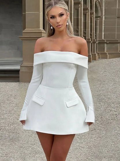 Vestido sexy de un solo hombro, corte A, para mujer, otoño, nuevo, elegante, ajustado, minivestido acampanado de manga larga, vestidos de fiesta para mujer.