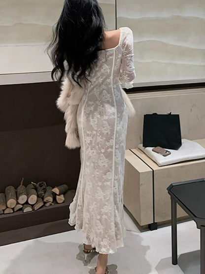 Vestidos sexis de encaje de punto para mujer, mangas acampanadas, cuello cuadrado, ajustados, estilo sirena, elegantes y ajustados, moda de otoño, nuevos vestidos para mujer