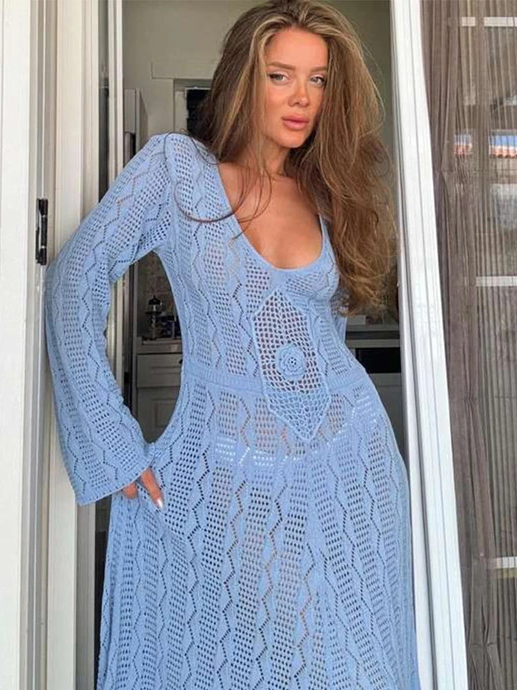 Vestido largo de punto elegante para mujer, sexy, ajustado, con cuello redondo, hueco, moda femenina, otoño, liso, para vacaciones y playa