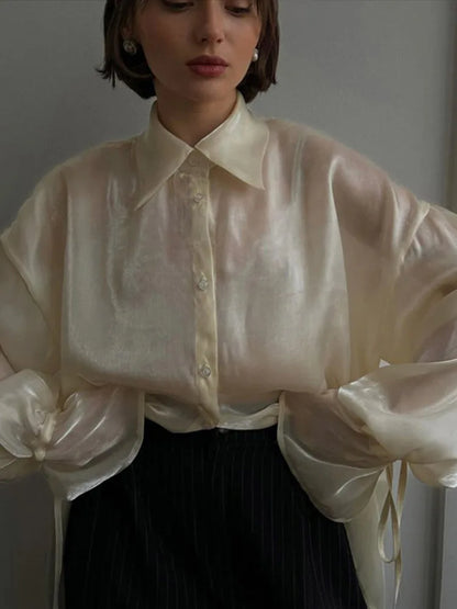 Camisas vintage lisas con mangas acampanadas y cuello alto para mujer, elegantes camisas con solapa y botonadura sencilla con cordones, blusas elegantes de calle para mujer