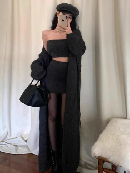 Conjunto de falda de punto de 3 piezas para mujer, cárdigan largo liso sin tirantes, minifalda Y2K, prenda de punto elegante coreana, otoño e invierno, nuevo