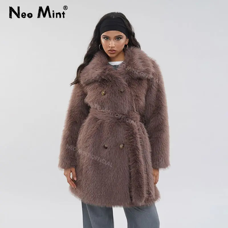 Abrigo de piel sintética largo y esponjoso con cinturón de marca de lujo para mujer, chaqueta gruesa y cálida con solapa y cuello de piel de zorro para invierno