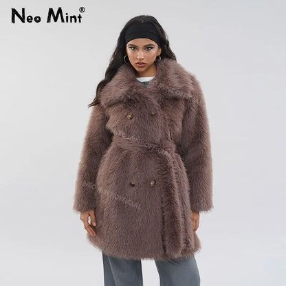 Abrigo de piel sintética largo y esponjoso con cinturón de marca de lujo para mujer, chaqueta gruesa y cálida con solapa y cuello de piel de zorro para invierno