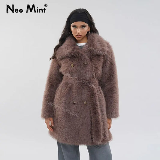 Luxury Brand Belted Long Fluffy Faux Fur Coat Women  Winter Thicken Warm Lapel Fox Fur Collar Furry Jacket Overcoat