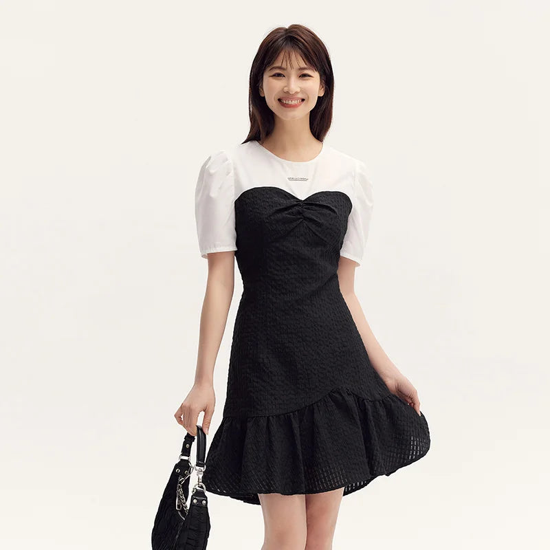 Vestido negro corto con bloques de color para mujer, elegante y de verano, con textura suave y dobladillo de sirena divertido, falda corta.